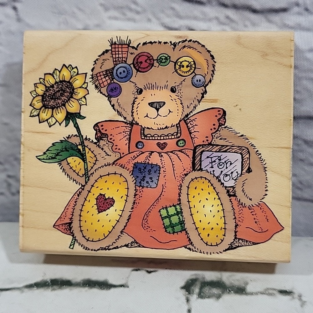 Vintage 1996 Hero Arts Rubber Stamps H1146 Country Bear with Sunflower Mounted